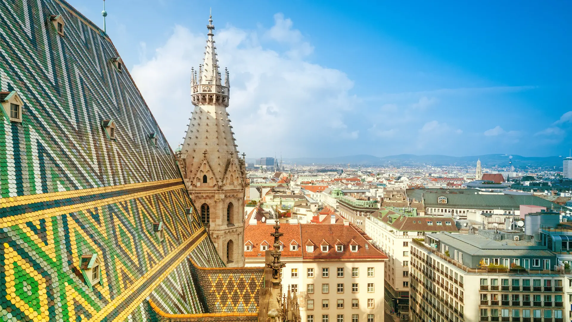 A panoramic view of Vienna's skyline with St. Stephen's roof on the foreground.