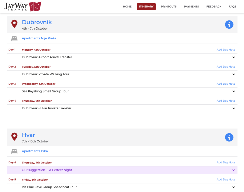 Just below, we have the itinerary itself. Here you will see, broken down by destination, a summary of what's happening on each day. Click on the title of each item in your itinerary to see more details.