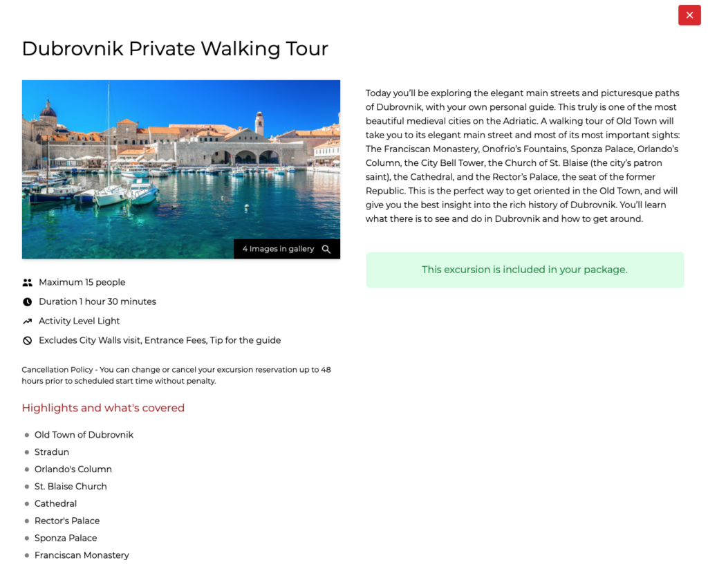 Clicking on 'More info' for an excursion will show you the full details, and images, of the excursion.