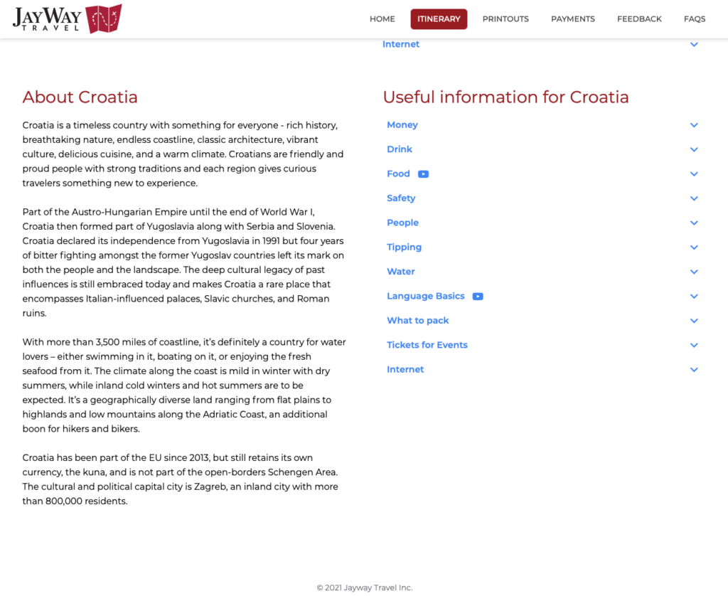 Finally in this screen we have information about the country the destination is located in; you'll find a description of the country itself, and practical information about what to pack, what the cuisine is like, country-specific tipping advice, and more.