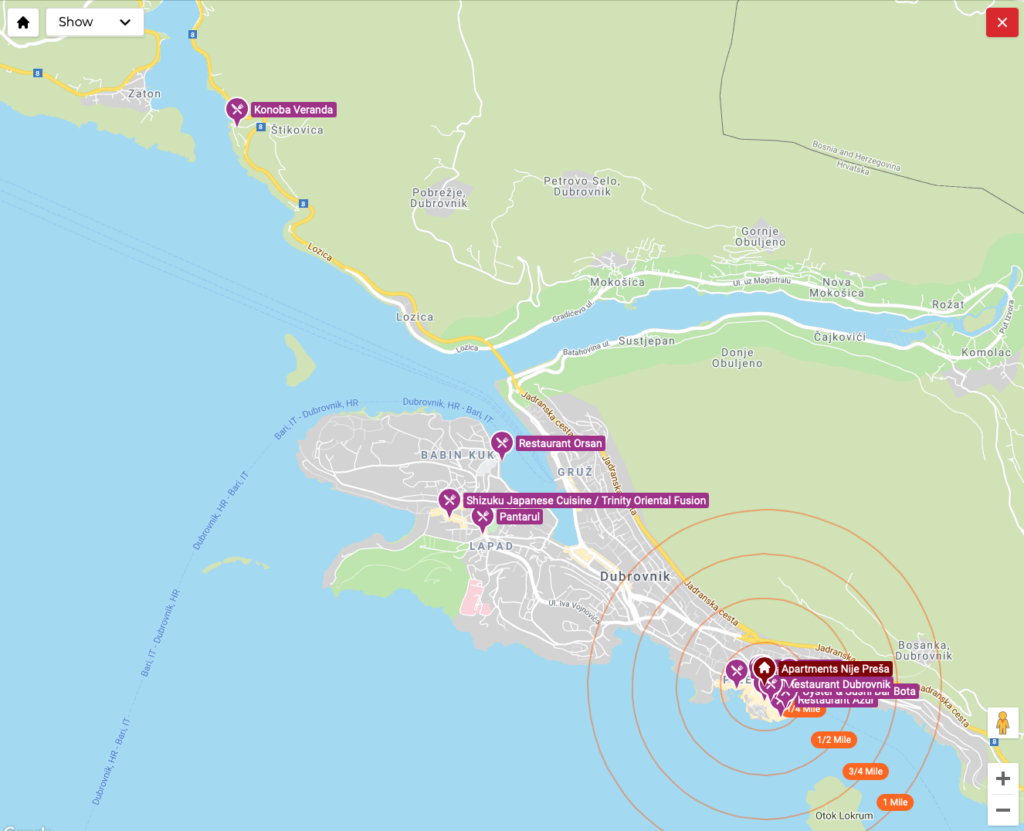 You'll notice the map also shows your accommodation, so you can see how far places are from where you're staying. For each listing, if available, you'll see a link to their website, an email link and their phone number. You can also click on their addresses to see just that specific place highlighted on the map. You'll find a similar Map button in other sections of the destination guide.