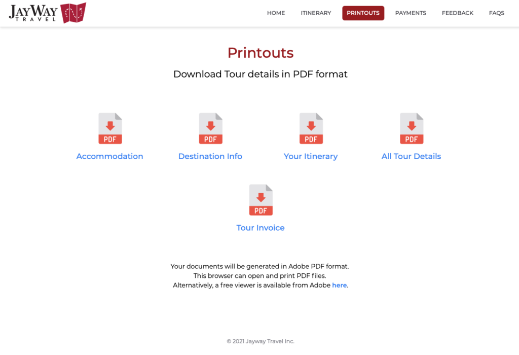 Here you'll find downloadable PDFs of all the information in your Guest Page. It's available as separate files for just your accommodation, the destination info that we just learned all about, your itinerary at a glance, or the ‘All Tour Details’ option, which contains all of this. Finally, you can download a printable invoice for your tour, detailing all your payments.