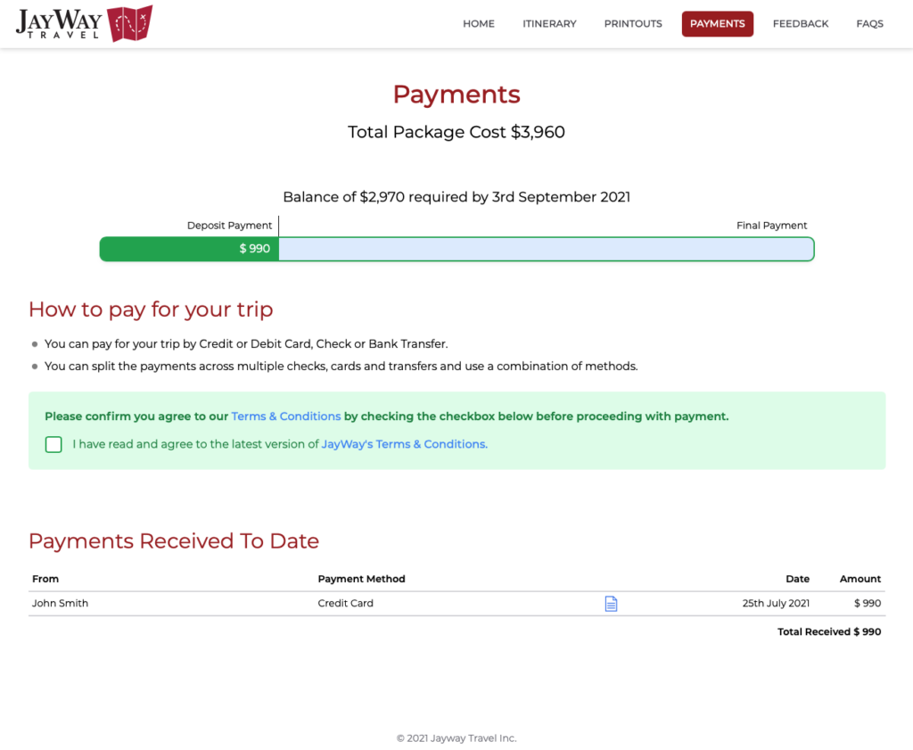 Under ‘Payments’ you'll see all the payments made towards your trip, and you can download a receipt for each payment too; just click on the document icon. Any extra excursions you've requested, in addition to your trip package, will be listed here too.