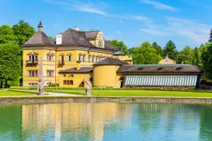 Hellbrunn Palace or Schloss Hellbrunn in Salzburg, Austria. Hellbrunn Palace is an early Baroque villa of palatial size in a southern district of the Salzburg city.