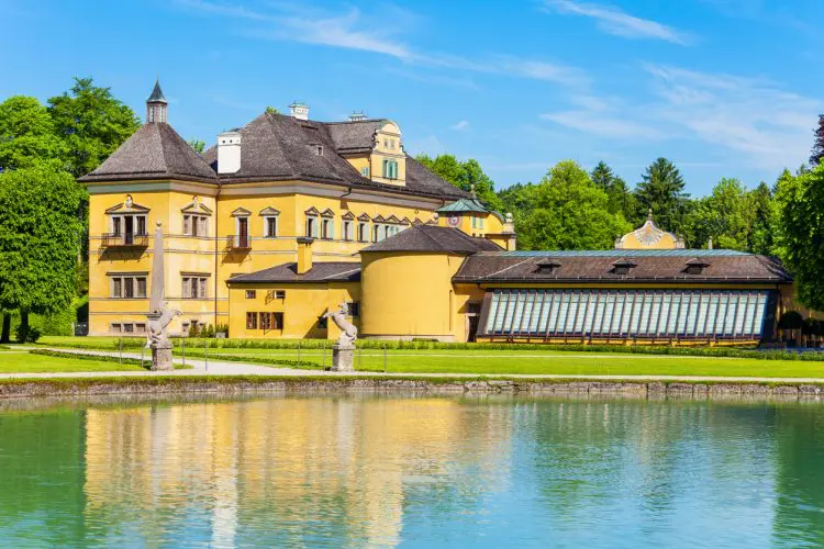 Hellbrunn Palace or Schloss Hellbrunn in Salzburg, Austria. Hellbrunn Palace is an early Baroque villa of palatial size in a southern district of the Salzburg city.