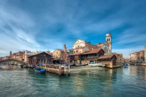 Venice, Italy - 01/04/2017: Gondola yard Squero di San Trovaso on sunny day