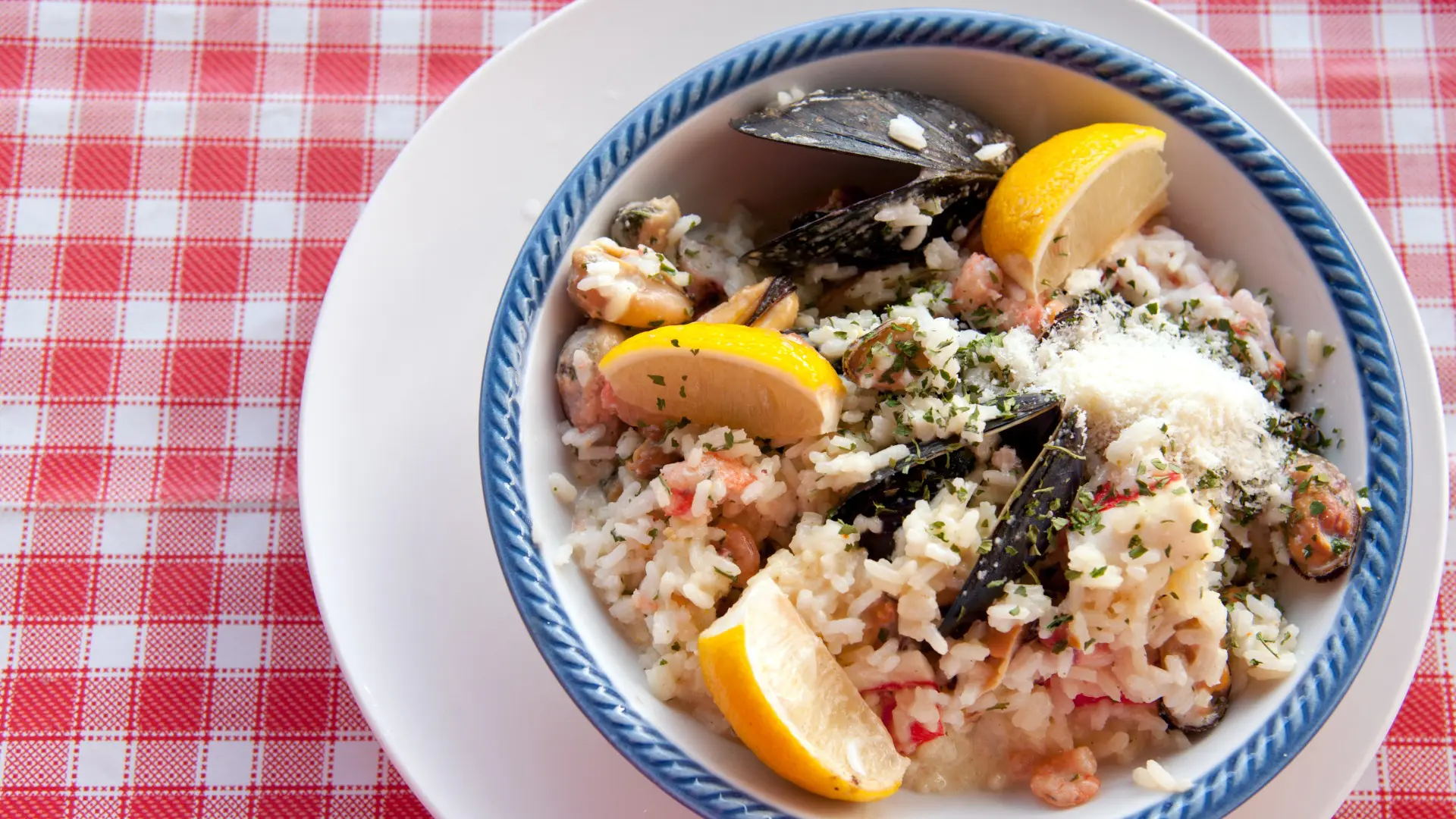 This image is a close-up of a dish of Croatian risotto with seafood.