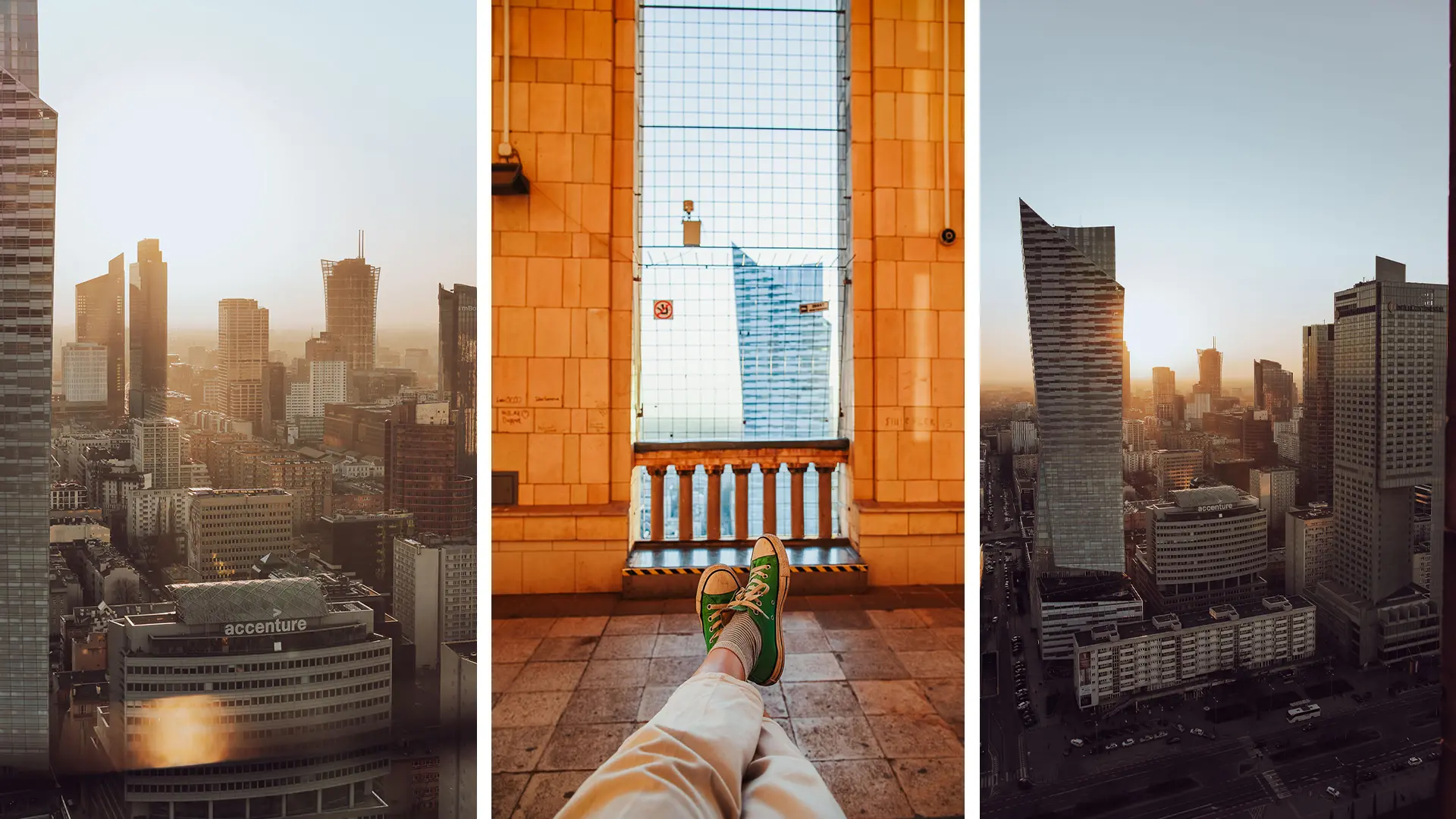 Three vertical photos in one picture, all taken from the observation deck on the 30th floor of the Palace of Culture and Science that offers one of the best views in Warsaw, Poland. On the left, we see the view of Warsaw skyscrapers. In the middle, we see a woman's feet in sneakers in the foreground and a view from the observation platform in the background, with the skyscraper Zlota 44 peeking through. On the right, there is another view of Warsaw skyscrapers.