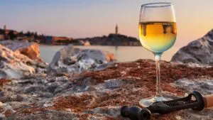 This image shows a glass of white wine on a rock with the town of Rovinj in the background. This is the featured image of our guide to the best wineries in Istria, Croatia.