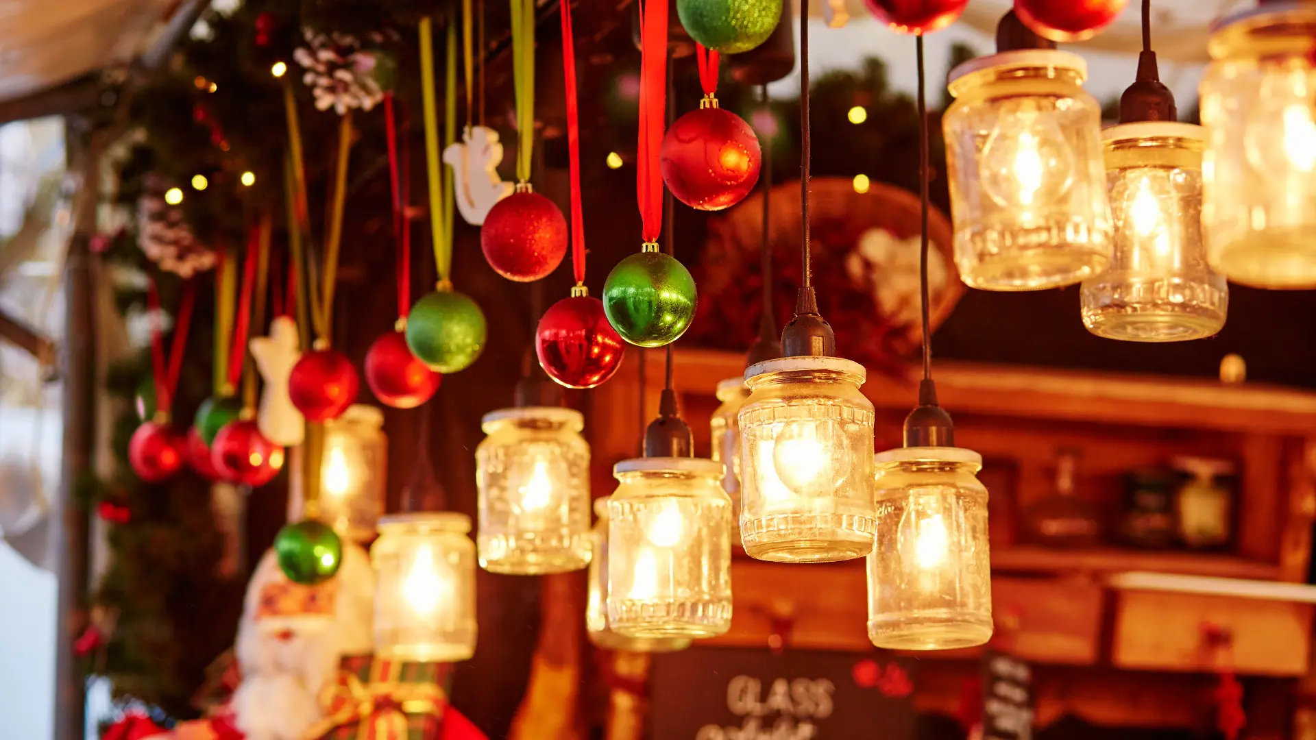 This is a close-up of Christmas ornaments. 