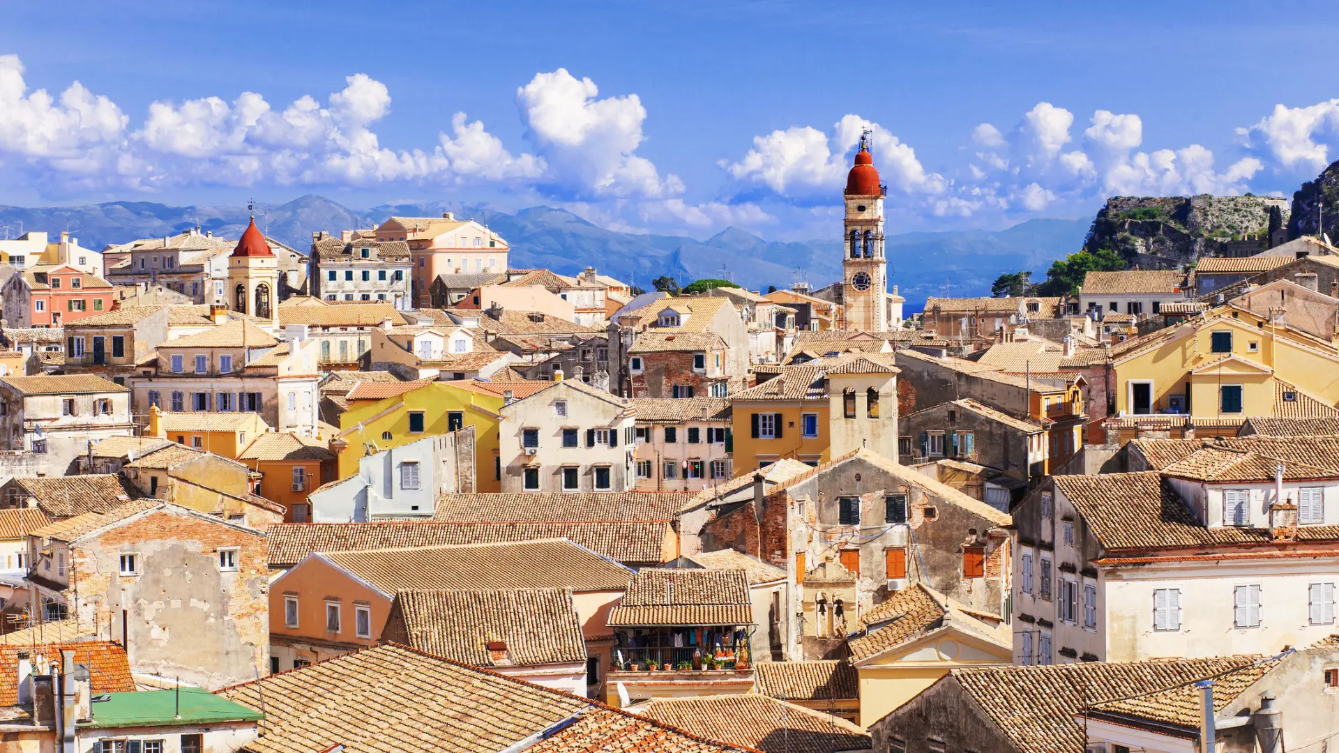 This is a panoramic shot of Corfu Old Town with its Italianate buildings.