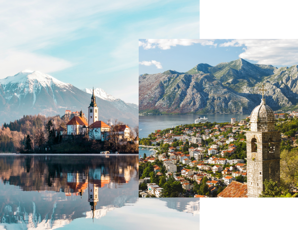 A collage of two images, overlaid. The image behind is Lake Bled in Slovenia, with a snow-capped peak of the Julian Alps behind it. The image to the fore is of the Bay of Kotor in Slovenia.