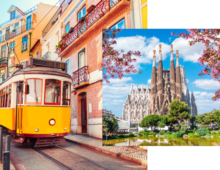 a collage showing a yellow tram in Lisbon and a Basílica de la Sagrada Família