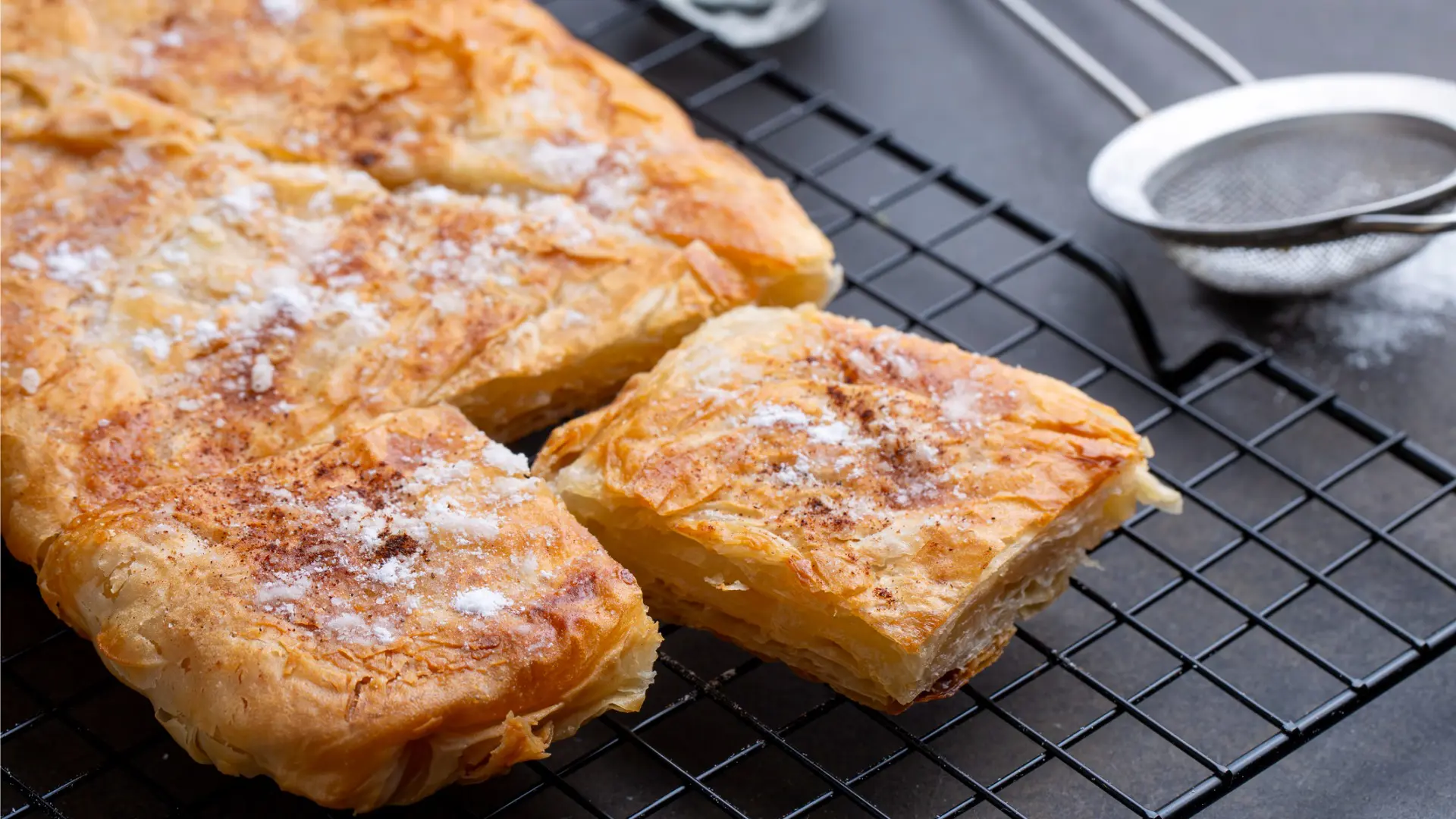 This is a close-up of a bougatsa pie.