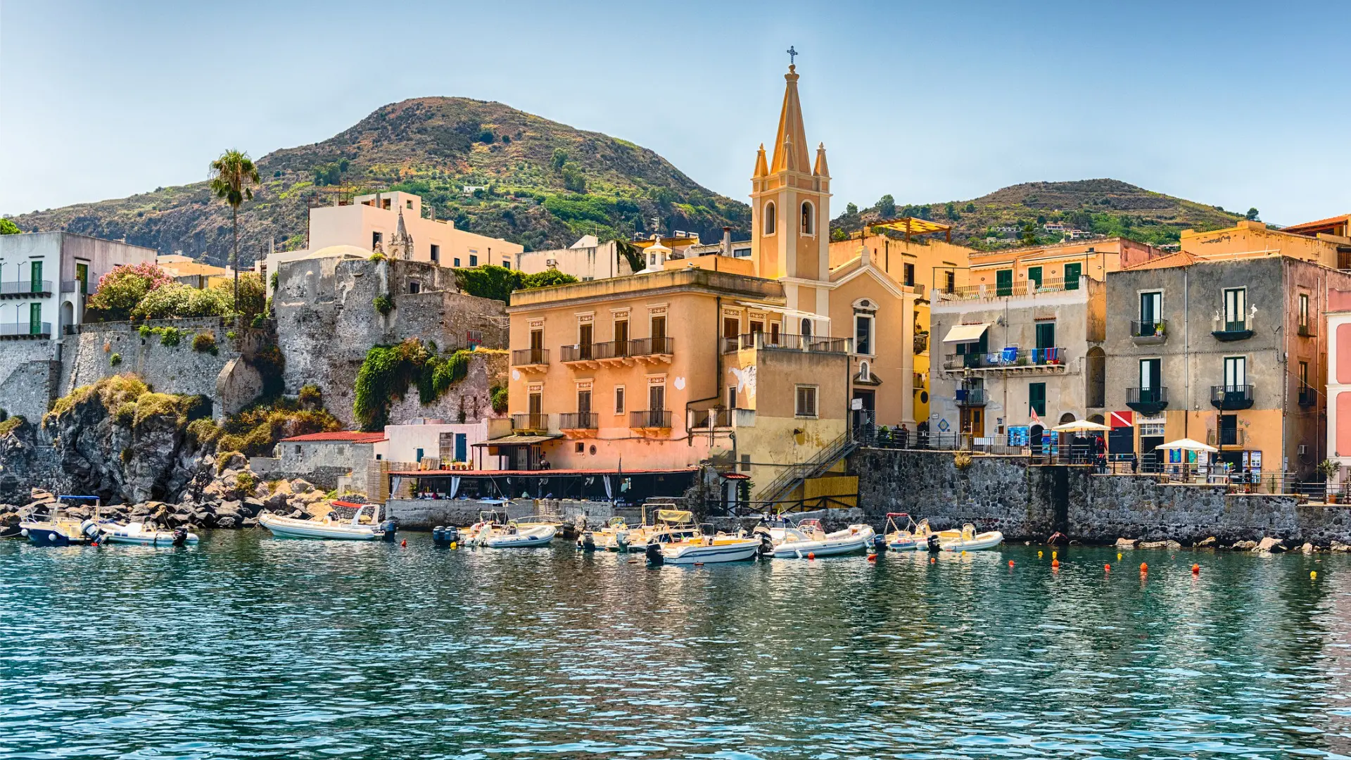 This is a panoramic view of the quaint harbor of Marina Corta in Lipari.