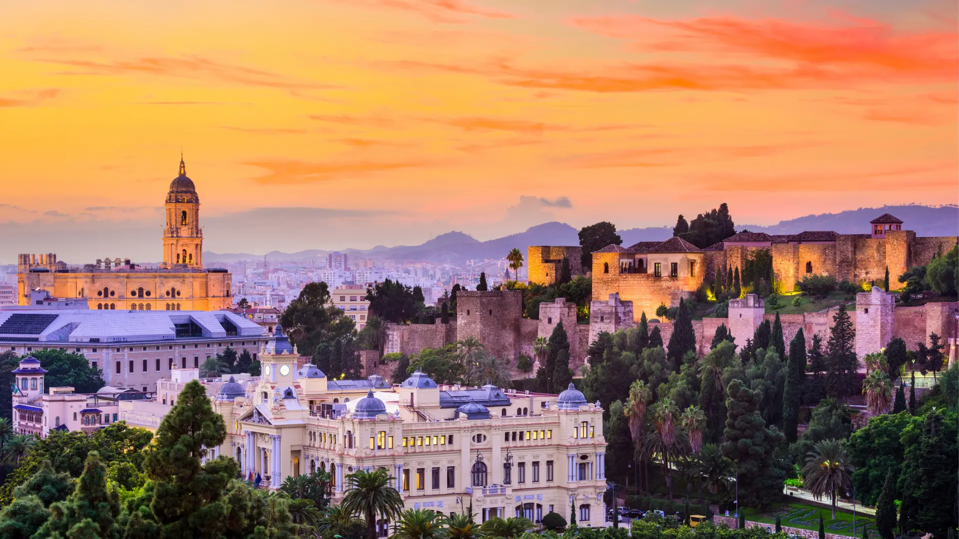 Sunset skyline of Malaga, one of the best places to visit in Spain.