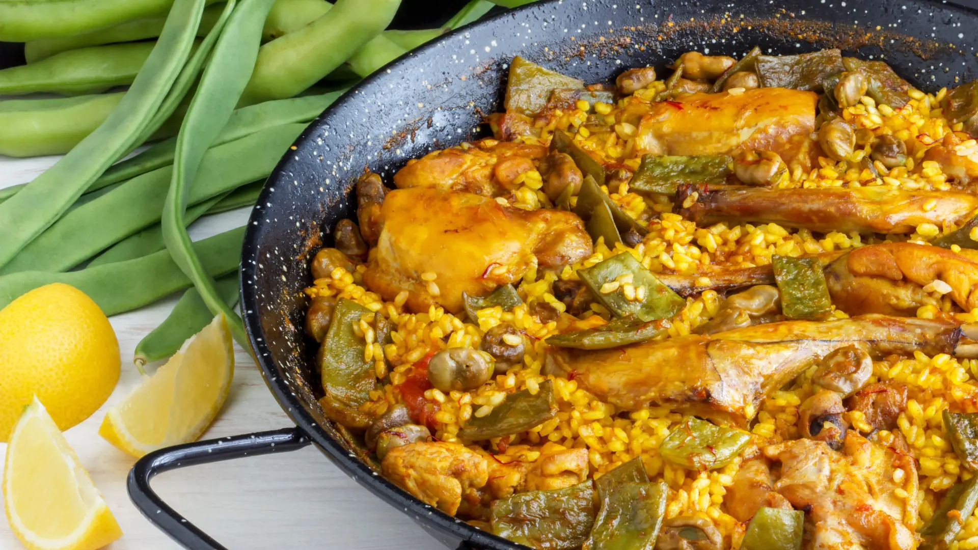 This is a close-up of a paella dish.
