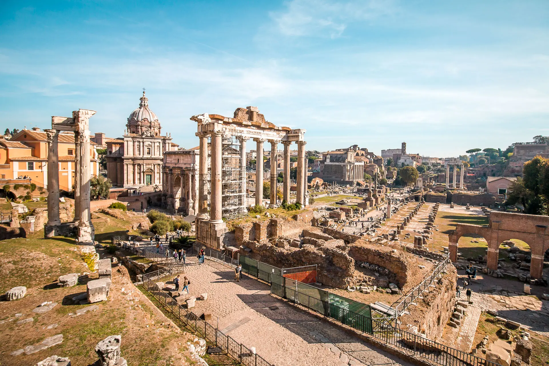 This is a panoramic view of the Roman Forum in Rome.