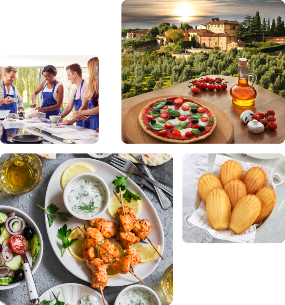 A collage of images showcasing a European food tour experience The top left image shows a group of people in a cooking class preparing dishes together The top right image features a scenic view of a rustic Italian countryside with a freshly made pizza on a wooden board in the foreground The bottom left image displays a Mediterranean-style meal with grilled chicken skewers a fresh salad and a creamy dip all served on a gray table The bottom right image shows a bowl of golden-brown madeleines a classic French pastry on a light textured background