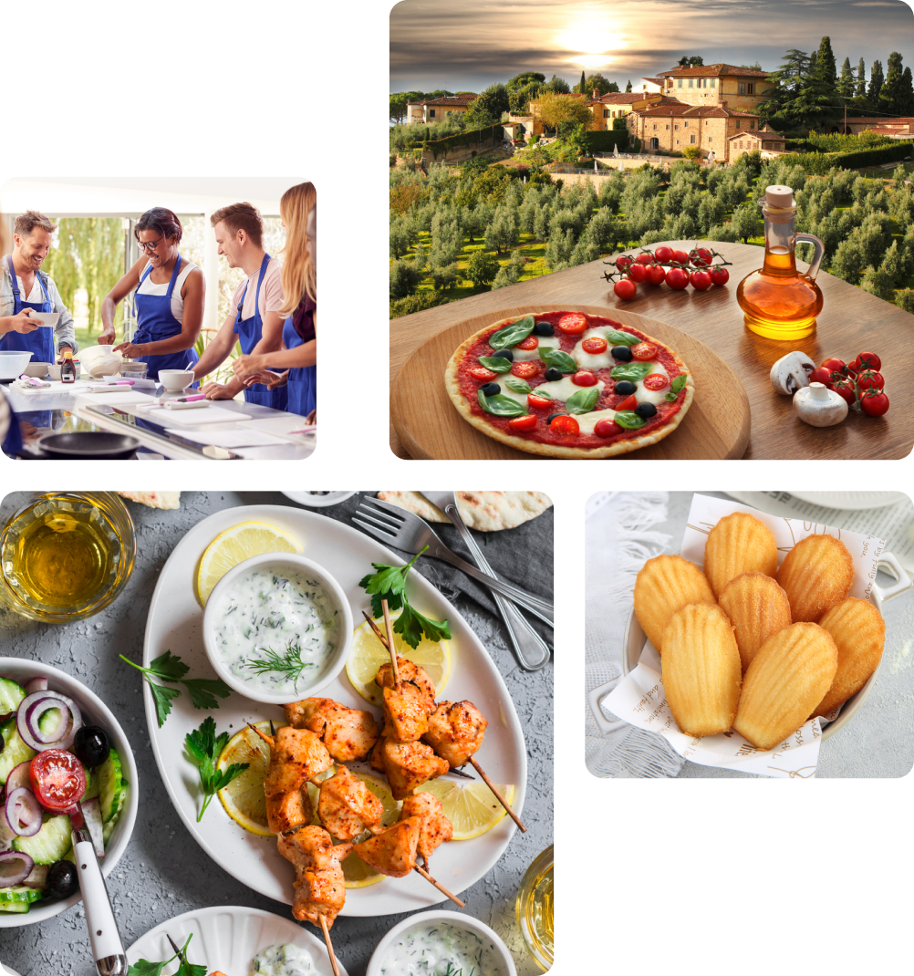 A collage of images showcasing a European food tour experience. The top left image shows a group of people in a cooking class, preparing dishes together. The top right image features a scenic view of a rustic Italian countryside with a freshly made pizza on a wooden board in the foreground. The bottom left image displays a Mediterranean-style meal with grilled chicken skewers, a fresh salad, and a creamy dip, all served on a gray table. The bottom right image shows a bowl of golden-brown madeleines, a classic French pastry, on a light, textured background.