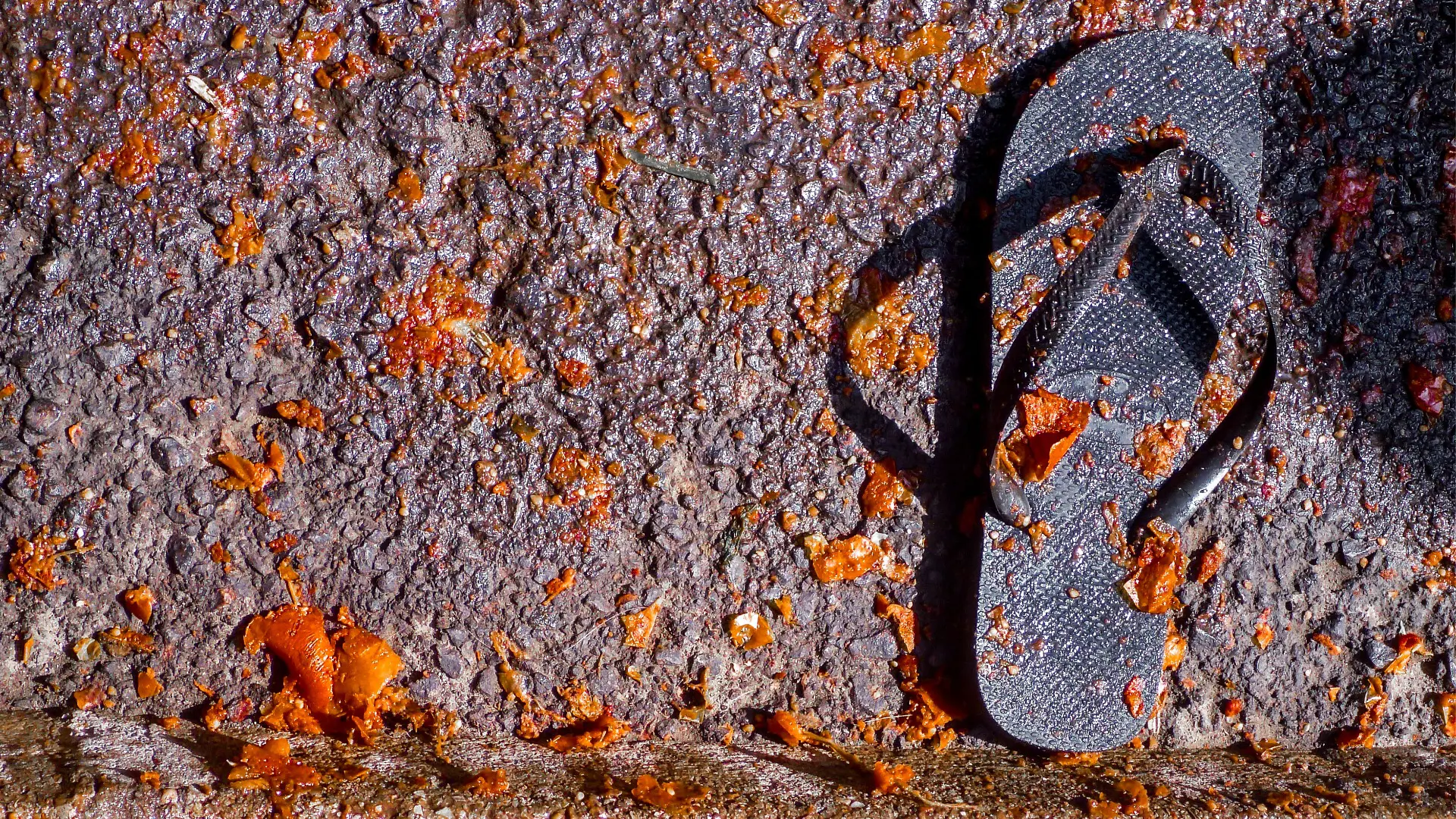 A flip flop with remains of tomatoes after La Tomatina.