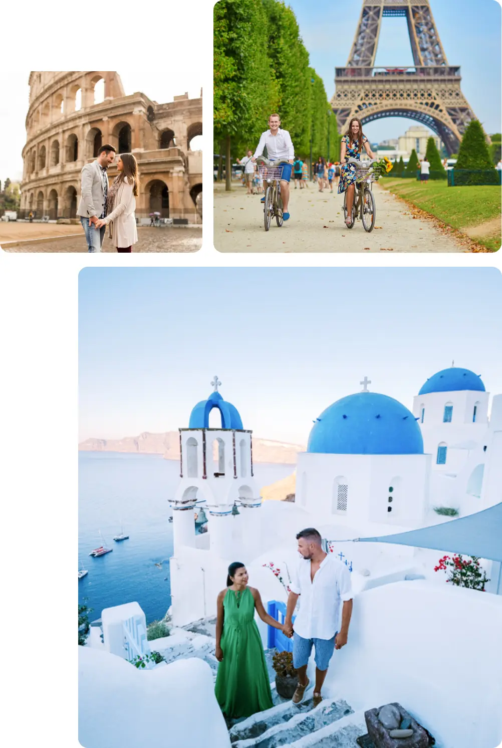 A collage of three romantic travel scenes in Europe. The top left image shows a couple standing close together in front of the Colosseum in Rome, Italy, sharing a tender moment. The top right image captures a couple riding bicycles along a tree-lined path near the Eiffel Tower in Paris, France. The bottom image features a couple holding hands while walking down whitewashed steps in Santorini, Greece, with the iconic blue-domed churches and the Aegean Sea in the background.