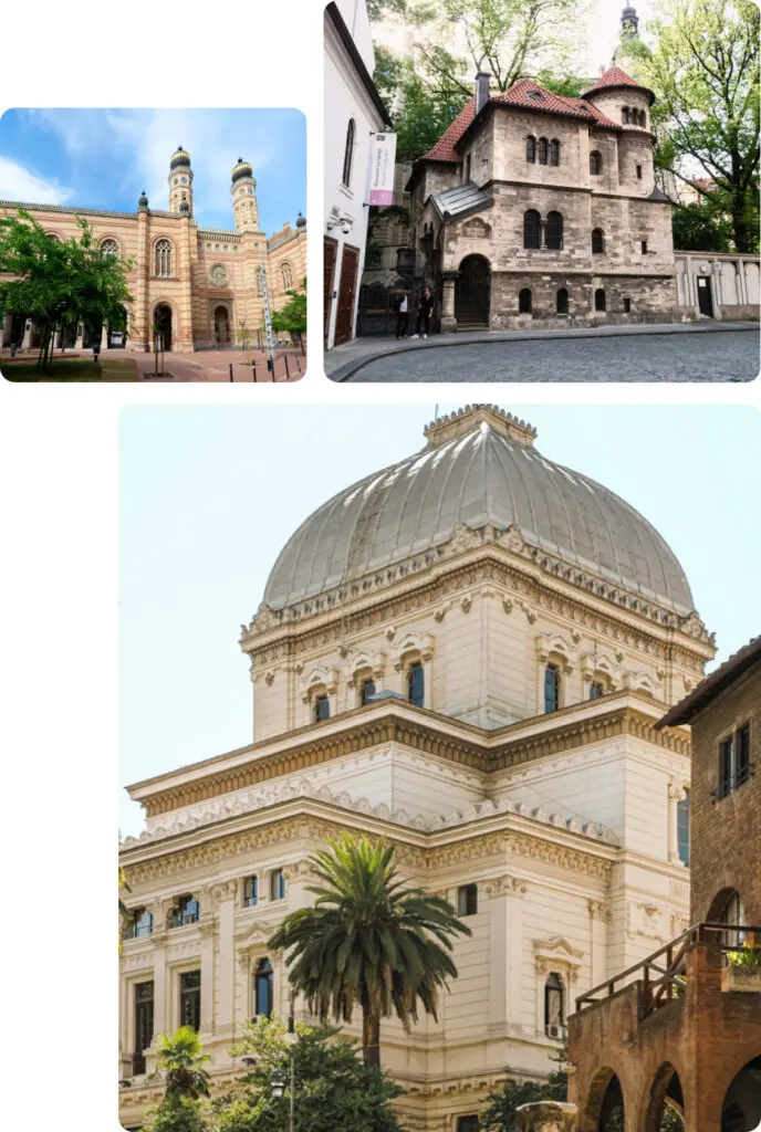 A collage featuring prominent synagogues in Europe Top Left The Dohany Street Synagogue in Budapest Hungary a grand building with twin towers and intricate Moorish Revival architecture known as the largest synagogue in Europe Top Right The Old New Synagogue in Prague Czech Republic one of the oldest active synagogues in Europe characterized by its medieval Gothic style and historical significance within the Jewish Quarter Bottom The Great Synagogue of Rome Italy a majestic structure with a large distinctive square dome blending Art Nouveau and classical architectural elements symbolizing the Jewish communitys rich history in Rome