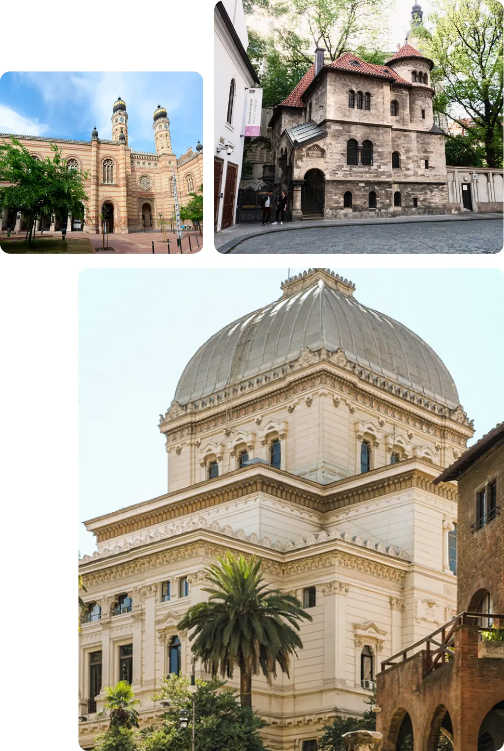 A collage featuring prominent synagogues in Europe:  Top Left: The Dohany Street Synagogue in Budapest, Hungary, a grand building with twin towers and intricate Moorish Revival architecture, known as the largest synagogue in Europe.  Top Right: The Old New Synagogue in Prague, Czech Republic, one of the oldest active synagogues in Europe, characterized by its medieval Gothic style and historical significance within the Jewish Quarter.  Bottom: The Great Synagogue of Rome, Italy, a majestic structure with a large, distinctive square dome, blending Art Nouveau and classical architectural elements, symbolizing the Jewish community's rich history in Rome.