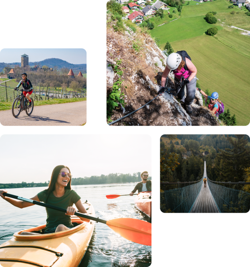 The image features a collage of outdoor adventure activities a cyclist rides along a scenic rural path with vineyards and rolling hills in the background a pair of climbers ascend a steep rocky cliff using safety ropes with a village and green fields below a woman joyfully paddles a kayak on calm waters accompanied by others enjoying the experience and a hiker crosses a long narrow suspension bridge that stretches over a dense forested valley conveying a sense of excitement and exploration in nature