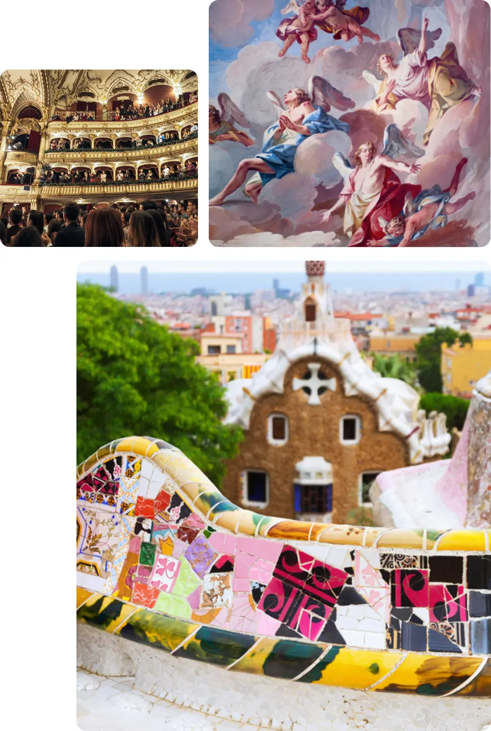 A collage of images representing European art and architecture. The top left image shows the opulent interior of an ornate theater or opera house, filled with an audience and adorned with intricate gold detailing. The top right image features a fresco painting of angels in the clouds, exemplifying classical European religious art. The bottom image captures a colorful mosaic bench in Park Güell, with a view of Barcelona's skyline and Gaudí's distinctive architecture in the background.