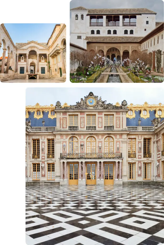 A collage featuring three stunning examples of European architecture Top Left The Peristyle of Diocletians Palace in Split Croatia showcasing ancient Roman architecture with its grand arches and intricate stonework reflecting the historical significance of this UNESCO World Heritage site Top Right A view of the Generalife the summer palace and gardens of the Alhambra in Granada Spain The image captures the serene beauty of the Moorish-style gardens with their symmetrical layout water features and intricate arches evoking a sense of tranquility Bottom The grand faade of the Palace of Versailles in France featuring its opulent Baroque architecture with gold accents large windows and a checkered courtyard The ornate details and luxurious design highlight the grandeur of one of the most famous royal residences in the world