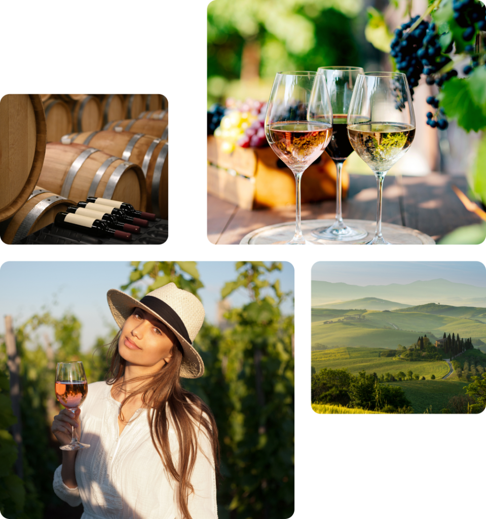 A collage celebrating the elegance of wine culture and the beauty of vineyards Top Left Wooden wine barrels neatly arranged in a cellar with bottles of red and white wine placed in front symbolizing the craftsmanship and aging process of fine wines Top Right A trio of wine glasses filled with red white and ros wine set on a rustic wooden table surrounded by lush green grapevines capturing the diversity and richness of wine tasting Bottom Left A woman wearing a stylish hat and holding a glass of ros wine stands amidst a vineyard embodying the serene and leisurely atmosphere of a vineyard tour Bottom Right A picturesque landscape of rolling hills in Tuscany Italy bathed in soft golden light showcasing the idyllic scenery often associated with wine regions