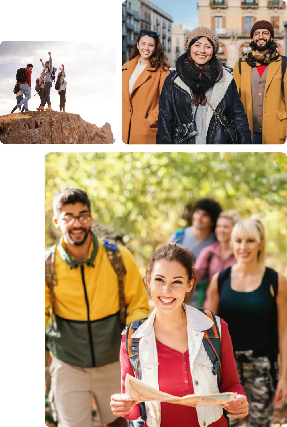 A collage showcasing the joy of outdoor exploration and urban adventures:  Top Left: A group of hikers celebrating at the summit of a rocky cliff, raising their arms in triumph against a cloudy sky, symbolizing achievement and camaraderie in nature.  Top Right: Three friends bundled up in stylish winter clothing, smiling and enjoying a day out in a European city, likely during the colder months, reflecting urban exploration and friendship.  Bottom: A group of friends on a hiking trail, with the focus on a smiling woman holding a map, leading the way. The group is dressed casually with backpacks, enjoying the adventure and the natural surroundings, capturing the spirit of outdoor activities and teamwork.nd