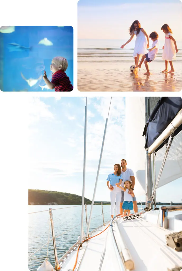 The image is a collage of photographs depicting different family-friendly activities showcasing a variety of enjoyable experiences Top-left image A young child looking in awe at an aquarium display The child wearing a striped shirt is watching fish and possibly stingrays swimming in the water The expression on the childs face shows fascination and curiosity highlighting the wonder of exploring marine life in an aquarium setting Top-right image A woman and two children playing with a soccer ball on a sandy beach They are dressed in light summer clothing and their interaction suggests a playful and joyful moment The calm sea in the background and the soft lighting give the scene a warm and serene atmosphere emphasizing the fun of beach activities and family bonding Bottom image A family of three enjoying a day on a sailboat They are dressed in light casual summer attire and are standing together on the deck looking out at the water with smiles on their faces The sailboat is gliding on calm waters with a scenic shoreline visible in the background The image conveys a sense of adventure relaxation and togetherness while sailing