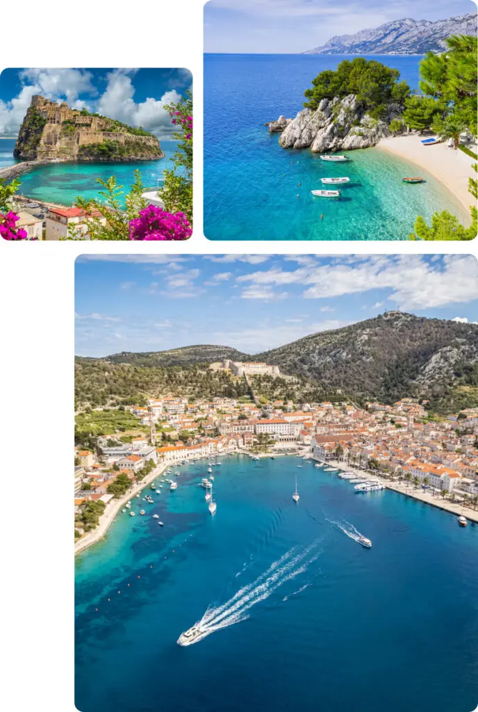 The image is a collage featuring breathtaking coastal and seaside destinations each showcasing the beauty of Mediterranean or Adriatic settings Top-left image A stunning view of a historic fortress perched on a rocky island surrounded by turquoise waters The fortress is connected to the mainland by a narrow causeway The scene is framed with vibrant pink bougainvillea flowers in the foreground adding a splash of color to the picturesque setting Top-right image A pristine secluded beach with crystal-clear blue-green waters gently lapping against the shore The beach is backed by lush pine trees and rocky cliffs with a few small boats anchored nearby The tranquil scene set against a backdrop of distant mountains suggests a hidden gem along the Mediterranean coast perfect for relaxation and swimming Bottom image An aerial view of a charming coastal town nestled in a bay surrounded by green hills The town features a waterfront lined with red-roofed buildings and a marina filled with boats A ferry or yacht is leaving the harbor leaving a wake in the calm blue waters Image Not Found