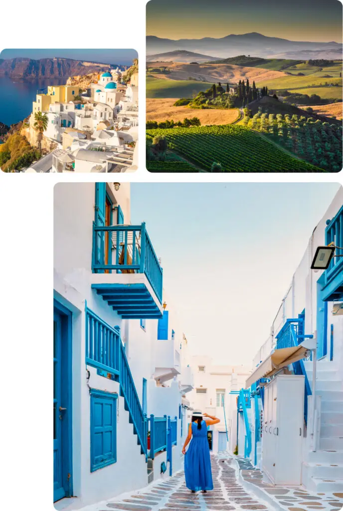 The image is a collage of three photographs each showcasing iconic and picturesque Mediterranean and European landscapes capturing the essence of these beautiful destinations Top-left image A classic view of Santorini Greece featuring whitewashed buildings with blue domes perched on the cliffs overlooking the deep blue Aegean Sea The buildings cascade down the hillside creating a stunning contrast with the sea and sky The scene exudes the charm and beauty of the Greek islands particularly the Cycladic architecture and breathtaking views Top-right image A panoramic view of the rolling hills and vineyards of the Tuscan countryside in Italy The landscape features a patchwork of green vineyards golden fields and clusters of cypress trees leading up to a hilltop villa The soft warm light and the distant mountains in the background create a serene and idyllic atmosphere capturing the timeless beauty of Tuscany Bottom image A woman in a flowing blue dress walking down a narrow picturesque alleyway in a traditional Greek village The alley is lined with white buildings adorned with vibrant blue doors shutters and balconies The cobblestone pathway bright colors and architectural details evoke the charm and tranquility of the Greek islands suggesting a leisurely exploration of the serene village streets