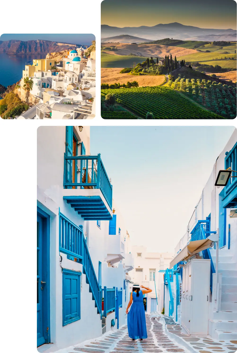 The image is a collage of three photographs, each showcasing iconic and picturesque Mediterranean and European landscapes, capturing the essence of these beautiful destinations: Top-left image: A classic view of Santorini, Greece, featuring whitewashed buildings with blue domes perched on the cliffs overlooking the deep blue Aegean Sea. The buildings cascade down the hillside, creating a stunning contrast with the sea and sky. The scene exudes the charm and beauty of the Greek islands, particularly the Cycladic architecture and breathtaking views. Top-right image: A panoramic view of the rolling hills and vineyards of the Tuscan countryside in Italy. The landscape features a patchwork of green vineyards, golden fields, and clusters of cypress trees leading up to a hilltop villa. The soft, warm light and the distant mountains in the background create a serene and idyllic atmosphere, capturing the timeless beauty of Tuscany. Bottom image: A woman in a flowing blue dress walking down a narrow, picturesque alleyway in a traditional Greek village. The alley is lined with white buildings adorned with vibrant blue doors, shutters, and balconies. The cobblestone pathway, bright colors, and architectural details evoke the charm and tranquility of the Greek islands, suggesting a leisurely exploration of the serene village streets.