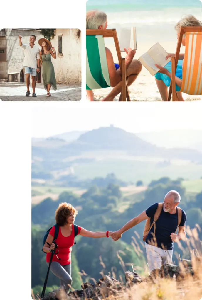 The image is a collage of photographs showcasing different scenes of people enjoying leisure activities in various outdoor settings Top-left image A couple walking through a quaint sunlit alleyway in a historic town or village The man is pointing out something of interest while the woman dressed in a long flowy green dress and wide-brimmed hat holds his arm and looks in the same direction They appear to be enjoying a relaxed exploration of the charming surroundings Top-right image An older couple sitting in colorful beach chairs on the sandy shore each engrossed in a book They are positioned facing the ocean with the serene sea and sky in the background This scene captures a peaceful and idyllic moment of relaxation by the beach Bottom image An older couple hiking in a beautiful hilly landscape The man dressed in a dark shirt and light pants is reaching out to help the woman climb holding her hand for support The woman dressed in a red top and carrying a backpack is using a hiking pole as she makes her way up the path