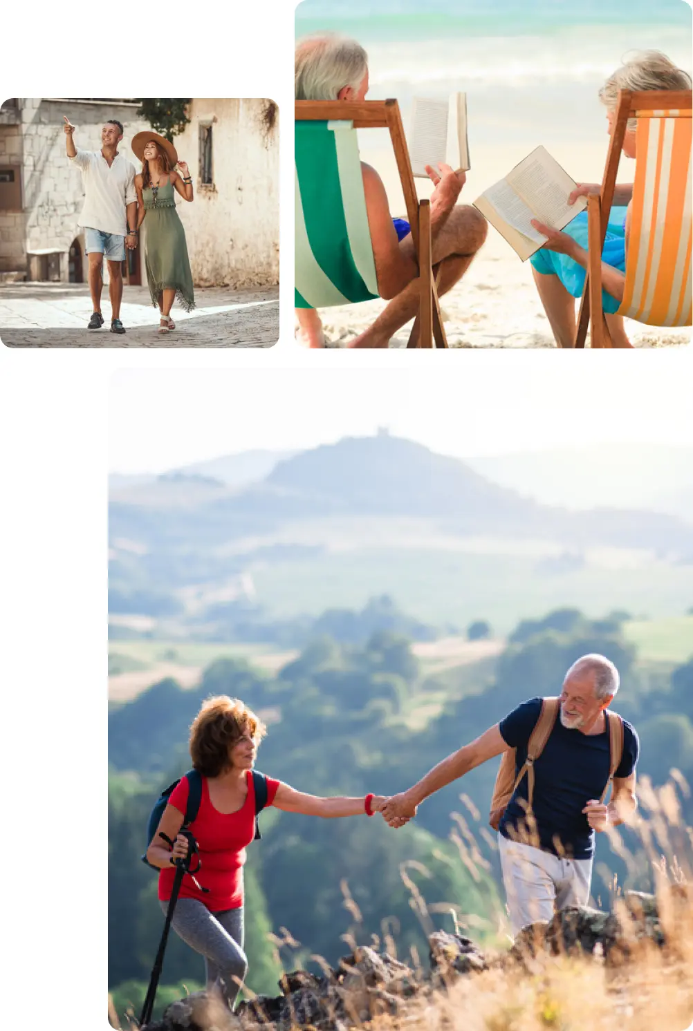 The image is a collage of photographs showcasing different scenes of people enjoying leisure activities in various outdoor settings Top-left image A couple walking through a quaint sunlit alleyway in a historic town or village The man is pointing out something of interest while the woman dressed in a long flowy green dress and wide-brimmed hat holds his arm and looks in the same direction They appear to be enjoying a relaxed exploration of the charming surroundings Top-right image An older couple sitting in colorful beach chairs on the sandy shore each engrossed in a book They are positioned facing the ocean with the serene sea and sky in the background This scene captures a peaceful and idyllic moment of relaxation by the beach Bottom image An older couple hiking in a beautiful hilly landscape The man dressed in a dark shirt and light pants is reaching out to help the woman climb holding her hand for support The woman dressed in a red top and carrying a backpack is using a hiking pole as she makes her way up the path