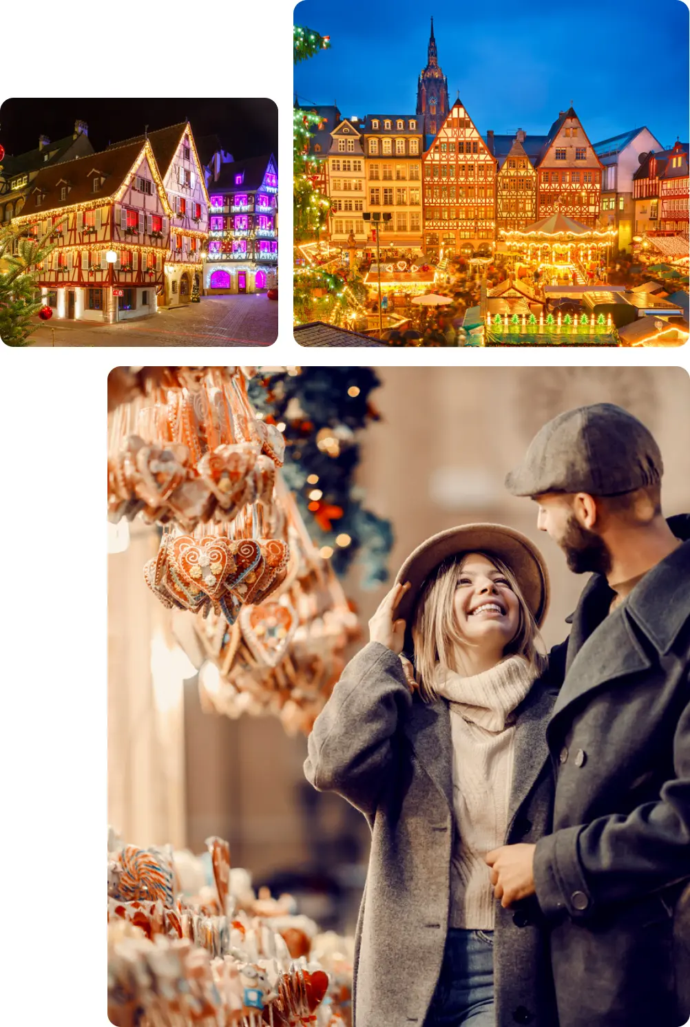 The image is a collage showcasing the festive atmosphere of Christmas markets in various settings:  Top-left image: A charming half-timbered building adorned with colorful Christmas lights, creating a vibrant and inviting atmosphere. The illuminated facade is beautifully decorated, capturing the essence of traditional European architecture during the holiday season.  Top-right image: A panoramic view of a Christmas market set against a backdrop of historic buildings with intricate half-timbered designs. The market is filled with glowing lights and festive decorations, and a large Christmas tree is visible in the foreground. The scene exudes a warm and joyful holiday spirit.  Bottom image: A close-up of a couple enjoying a visit to a Christmas market. The woman, dressed in a cozy sweater, scarf, and a stylish hat, is smiling joyfully as the man, in a coat and flat cap, lovingly adjusts her hat. They are standing near a stall selling traditional heart-shaped gingerbread cookies, adding to the festive mood of the scene.