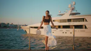A stylish woman standing on a dock beside a luxury yacht, dressed in a chic black crop top and a flowing white skirt. She holds a small handbag and poses confidently, with the wind gently blowing her skirt. The backdrop features the calm waters of a marina at sunset, highlighting the glamorous and sophisticated ambiance of a coastal lifestyle.