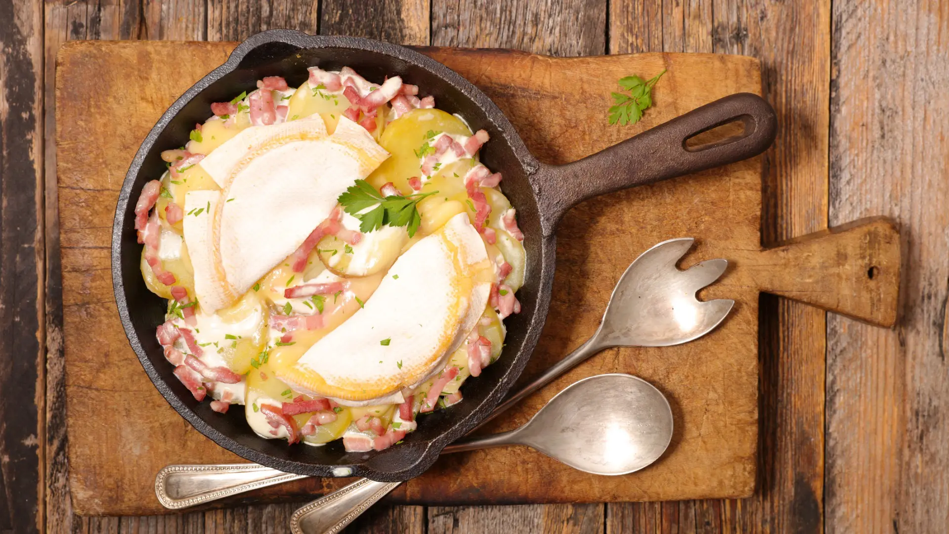 A top down of a cast-iron skillet with Tartiflette, one of the best French dishes.