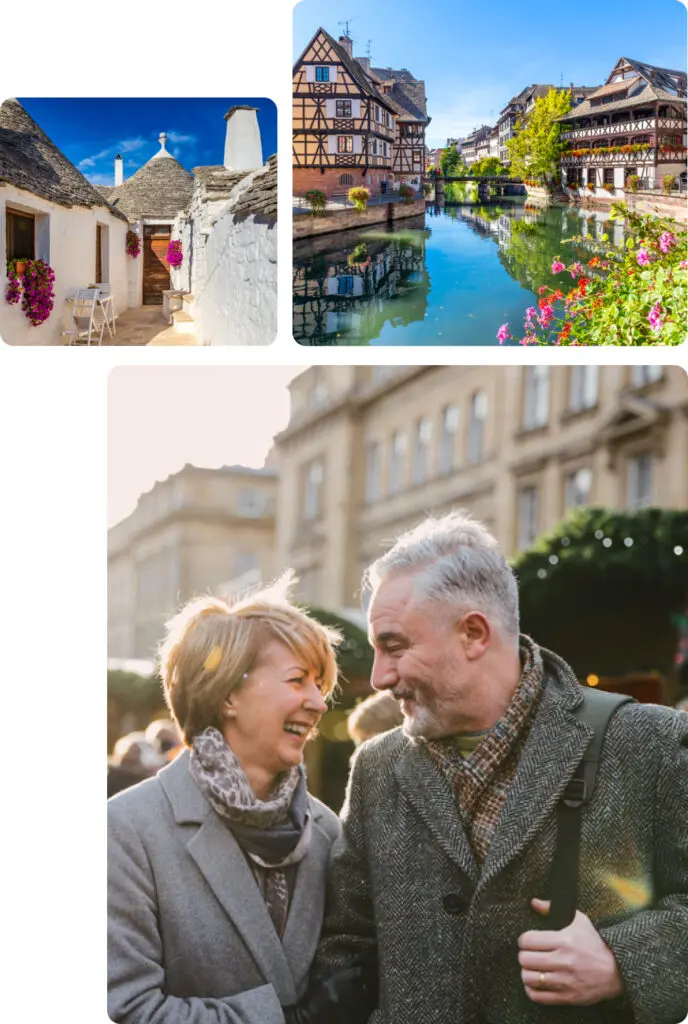 A collage showcasing charming European destinations and joyful moments Top Left A quaint alleyway lined with traditional white stone Trulli houses in Alberobello Italy adorned with vibrant flowers reflecting the unique architecture and serene atmosphere of the region Top Right A picturesque view of the canals in Strasbourg France with half-timbered houses reflecting in the tranquil water surrounded by lush greenery and blooming flowers capturing the storybook charm of this Alsatian town Bottom A heartwarming moment between an older couple smiling and enjoying each others company in a festive outdoor setting likely during a winter market exuding warmth love and happiness amidst the historical surroundingsImage Not Found