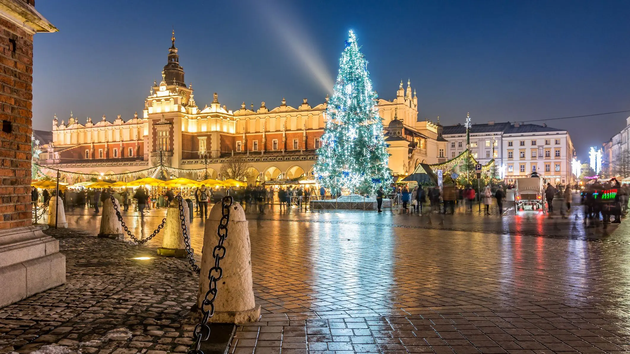Krakow's main square dominated by a tall Christmas tree. 