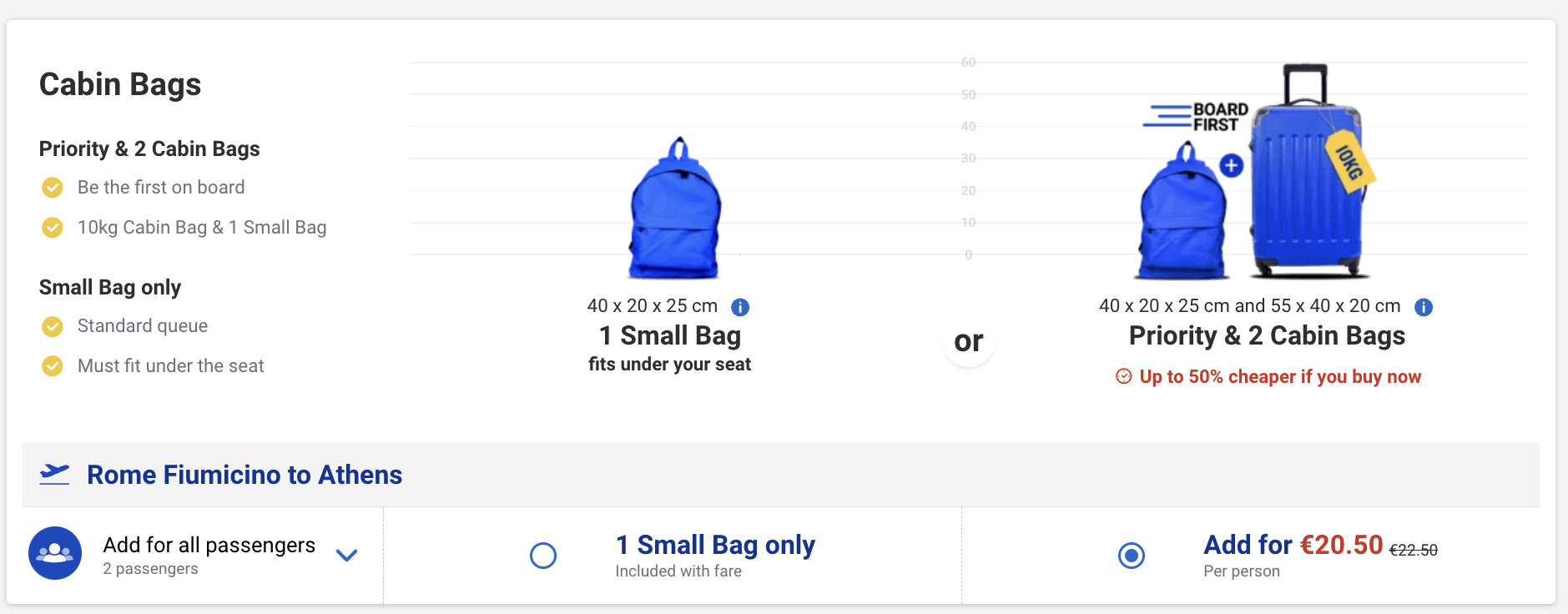 A screenshot from Ryanair's website showing the cabin bag options.