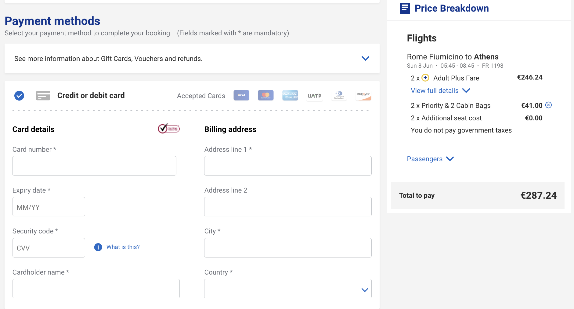 A screenshot from Ryanair's website showing payment methods.