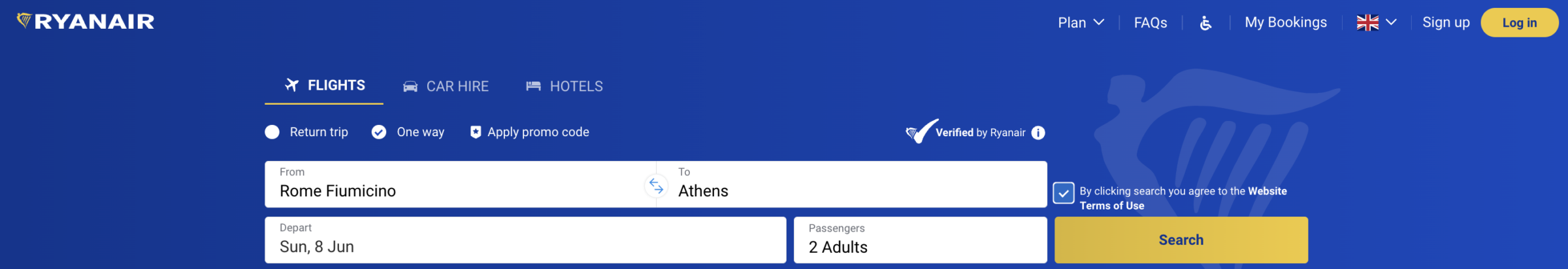 A screenshot of the main page on Ryanair's website.
