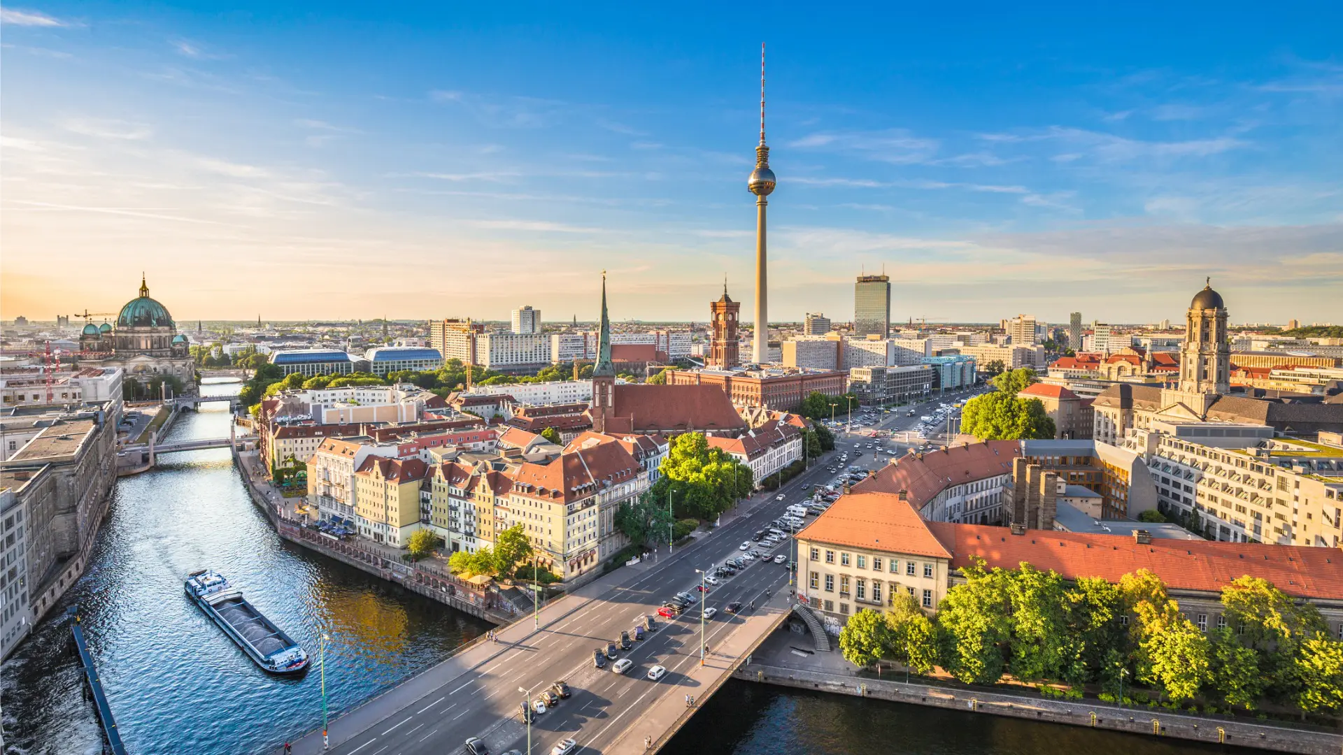 A panoramic view of Berlin's skyline on a bright sunny day.