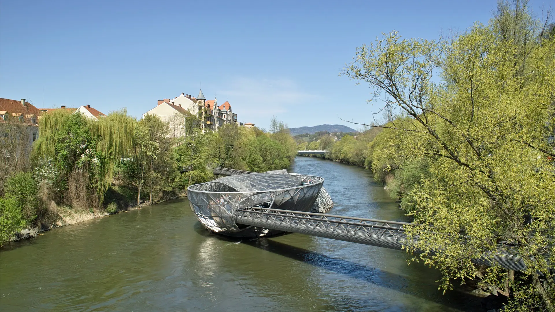 An artificial platform made of steel in the middle of the river.