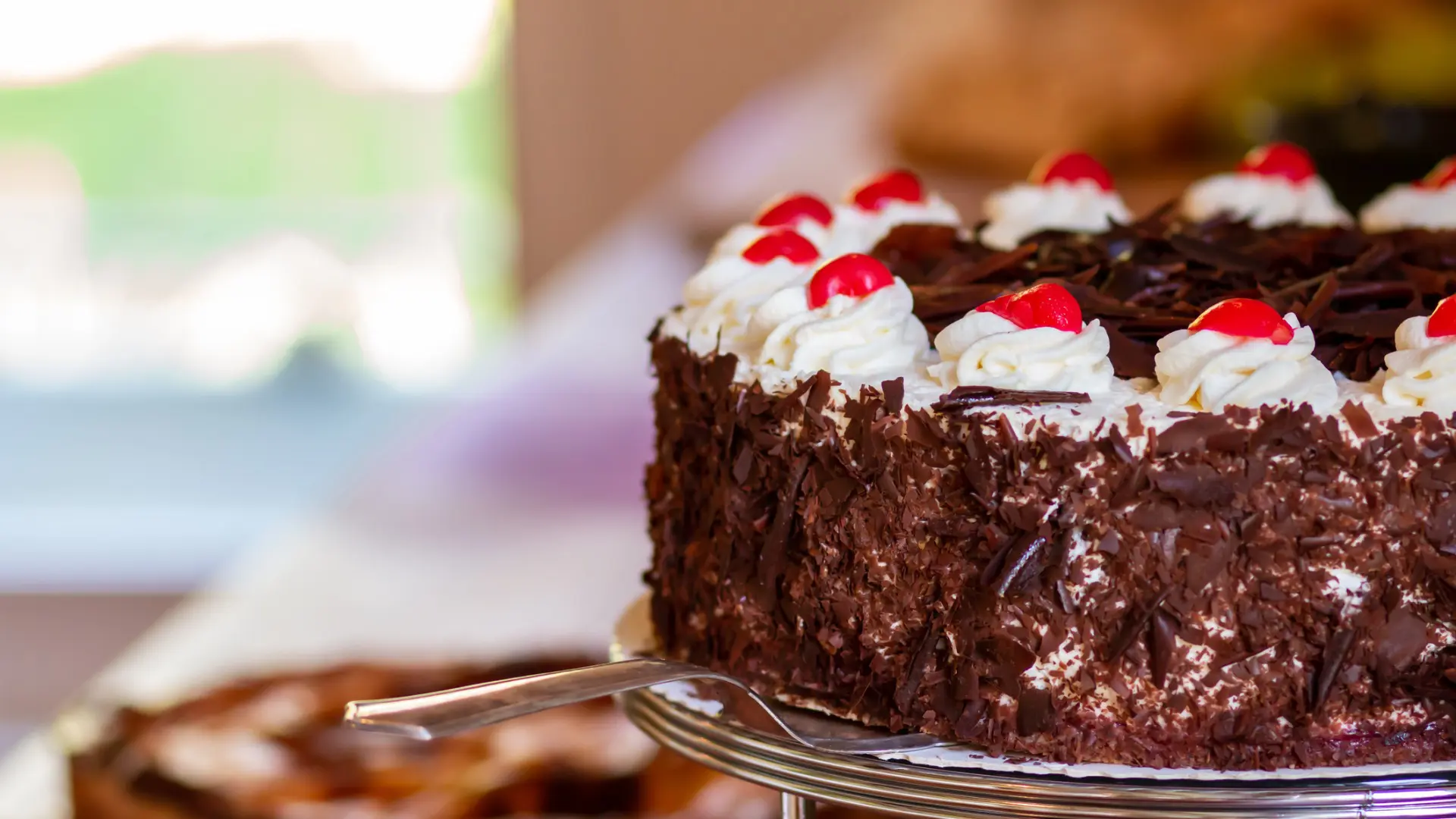 A Black Forest cake topped with whipped cream, cherries, and chocolate shavings.